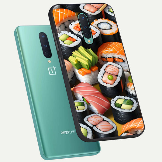  Sushi Food Pattern phone case For OnePlus 8 showing premium glass back cover with detailed artwork