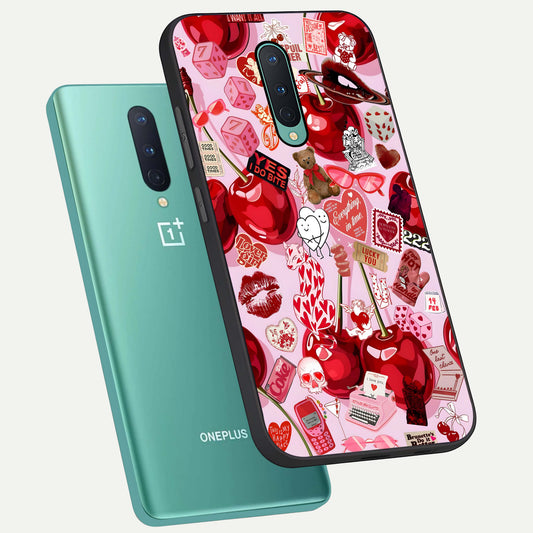 Sweet Cherry Chaos phone case For OnePlus 8 showing premium glass back cover with detailed artwork