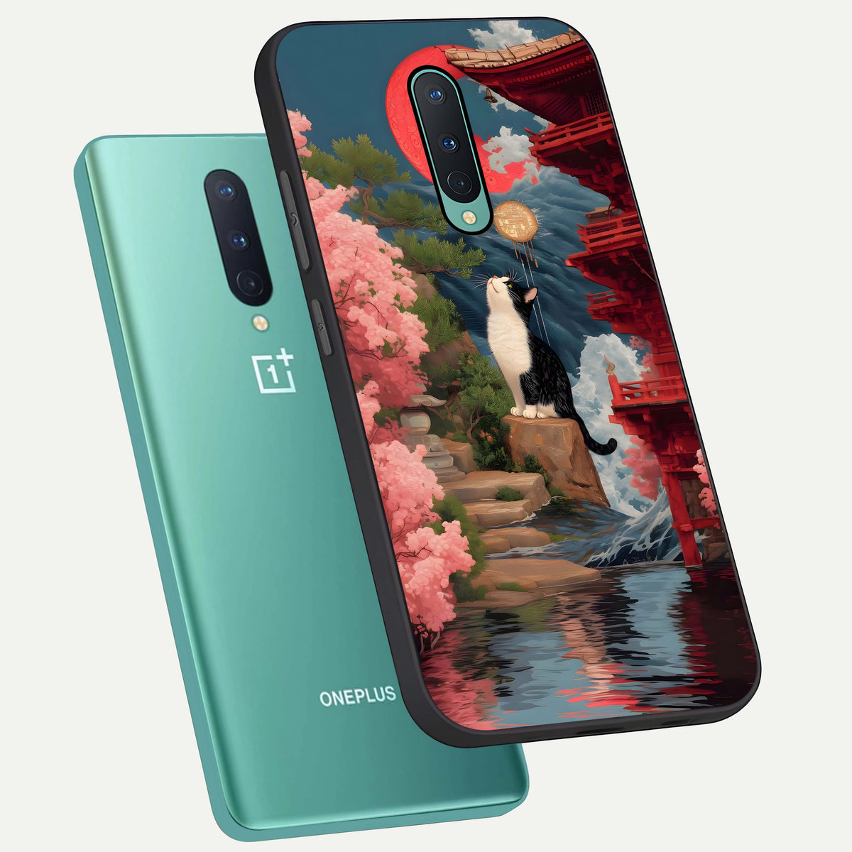  Temple Cat Scenery phone case For OnePlus 8 showing premium glass back cover with detailed artwork