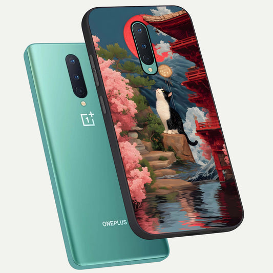  Temple Cat Scenery phone case For OnePlus 8 showing premium glass back cover with detailed artwork