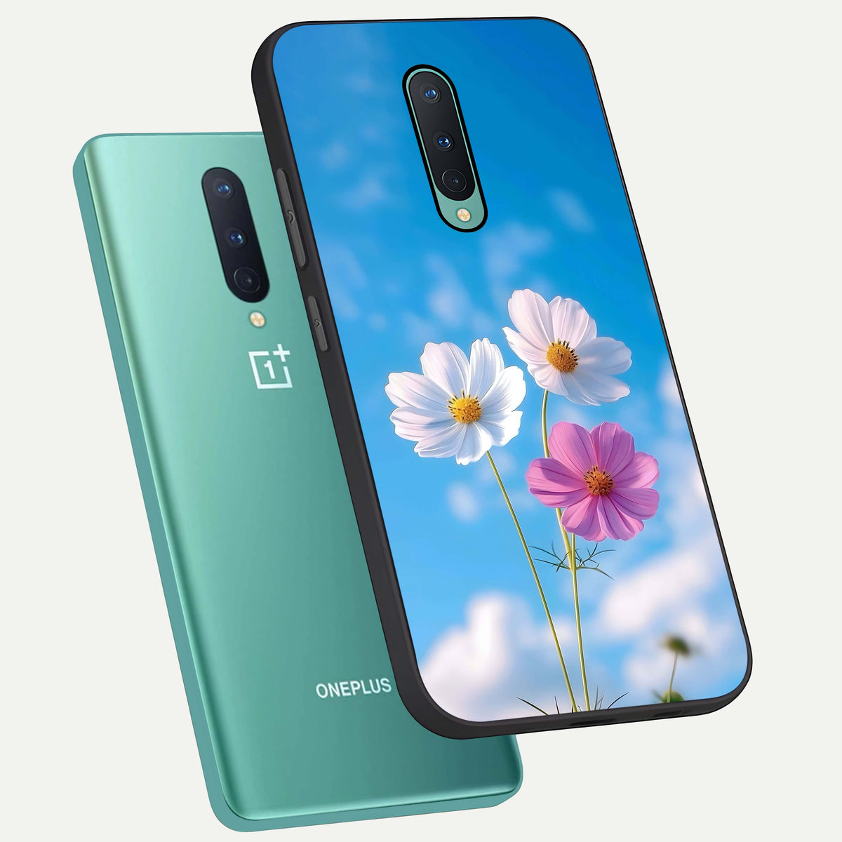  Tripple Flowers With Sky phone case For OnePlus 8 showing premium glass back cover with detailed artwork