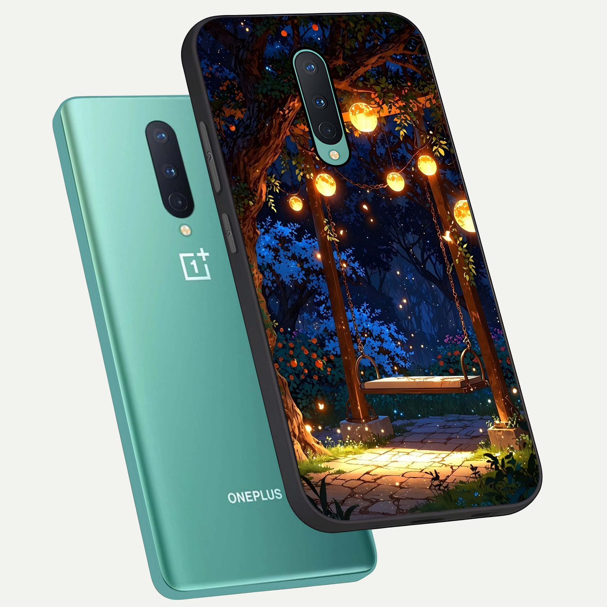  Twilight Garden Swing phone case For OnePlus 8 showing premium glass back cover with detailed artwork