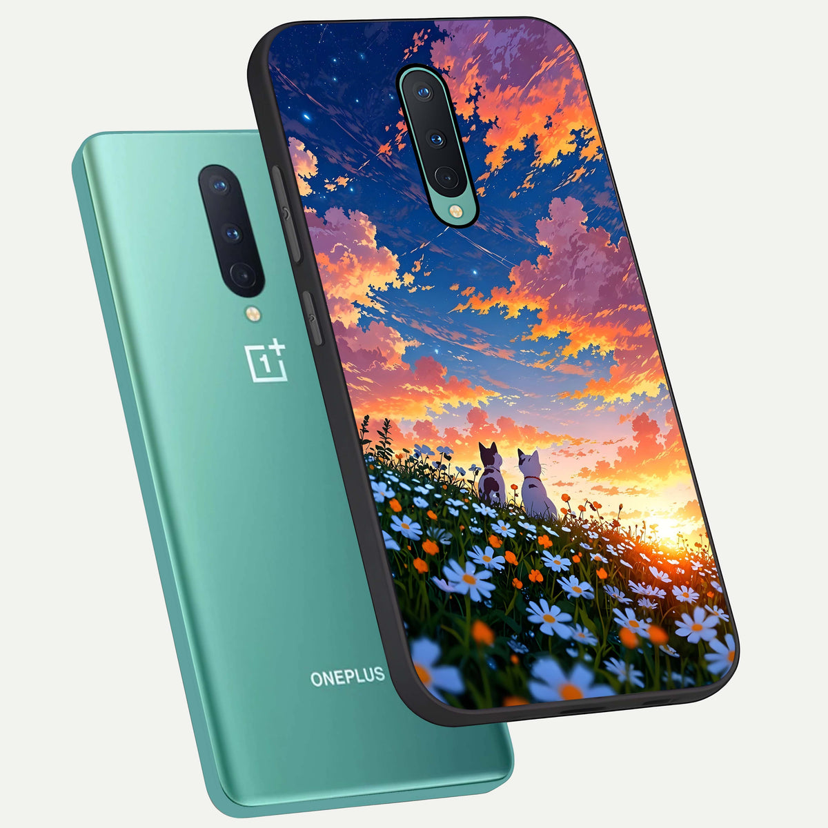  Two Cats Friends phone case For OnePlus 8 showing premium glass back cover with detailed artwork