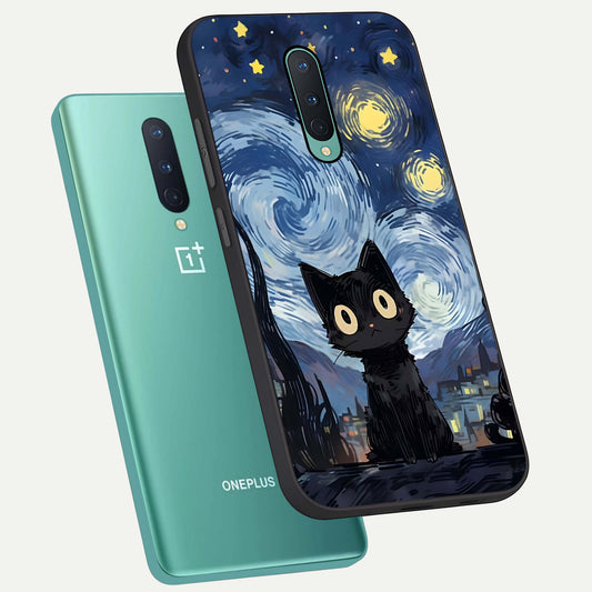  Van Gogh Cat phone case For OnePlus 8 showing premium glass back cover with detailed artwork