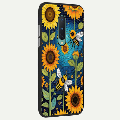  Bees And Sunflowers back cover For OnePlus 8 slim fit glass case with vibrant aesthetic design