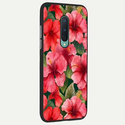  Hibiscus Pattern back cover For OnePlus 8 slim fit glass case with vibrant aesthetic design