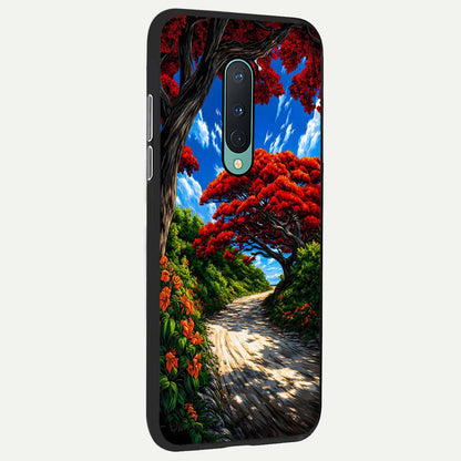  Red Trees Pathway back cover For OnePlus 8 slim fit glass case with vibrant aesthetic design