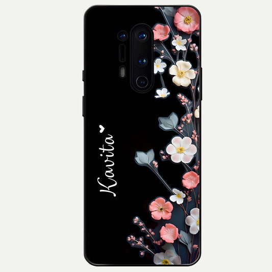  Black Elegance Floral Custom Name Glass Case For OnePlus 8 Pro back cover – full design glossy printed glass finish