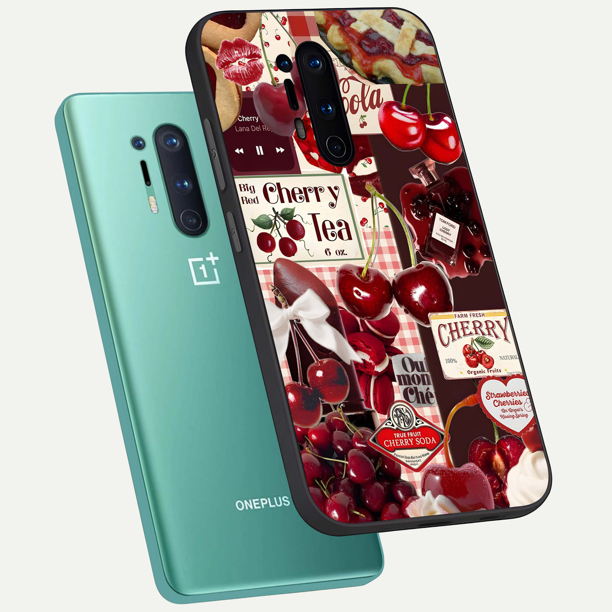  Aesthetic Cherry Tea phone case For OnePlus 8 Pro showing premium glass back cover with detailed artwork