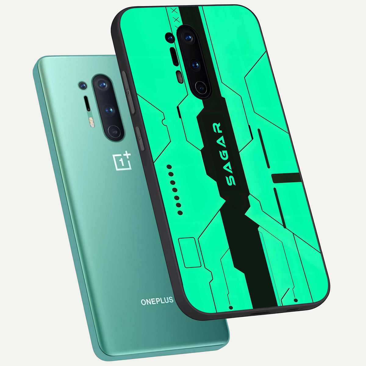  Aqua Tech CYBERPUNK Custom Name phone case For OnePlus 8 Pro showing premium glass back cover with detailed artwork