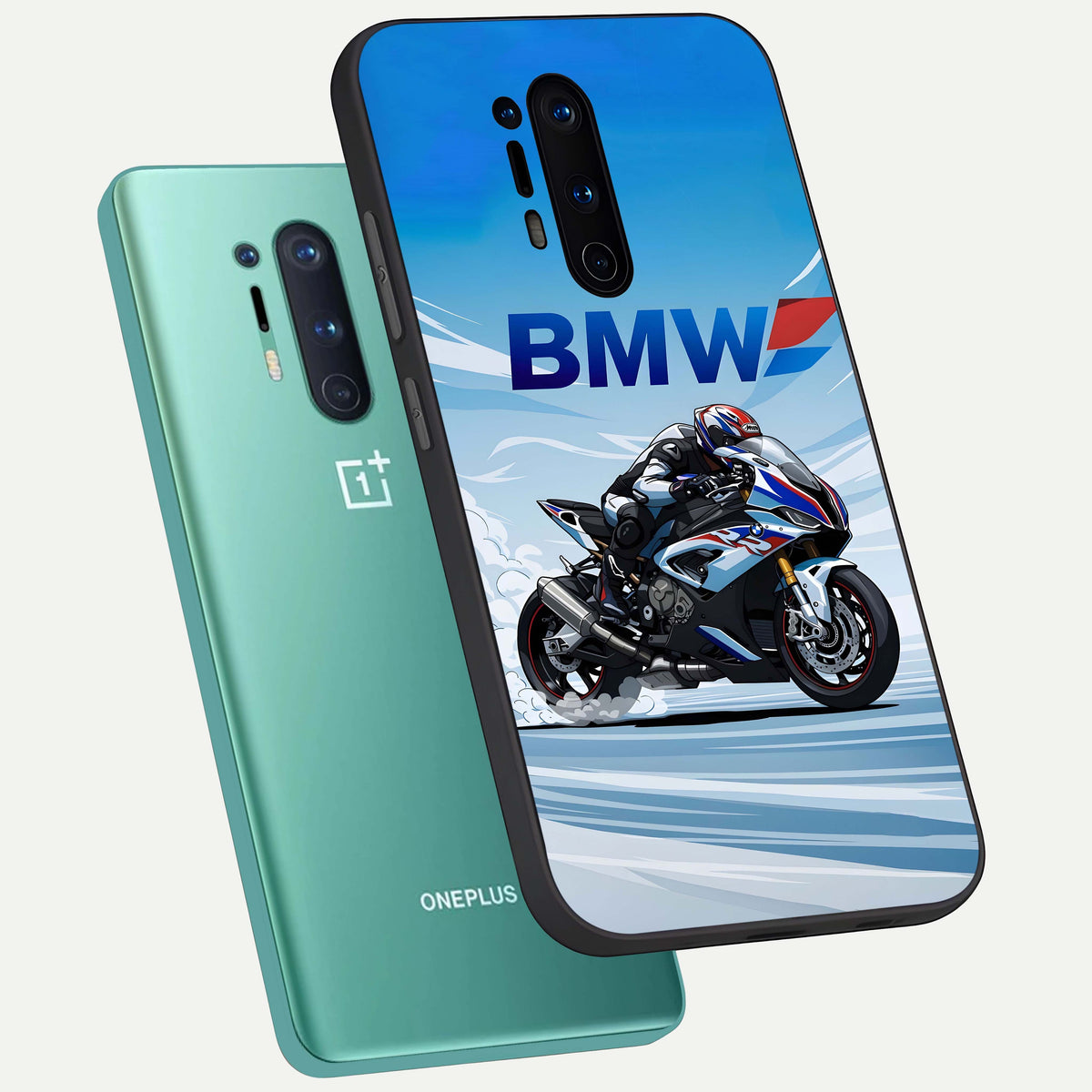  BMW Power Drift phone case For OnePlus 8 Pro showing premium glass back cover with detailed artwork