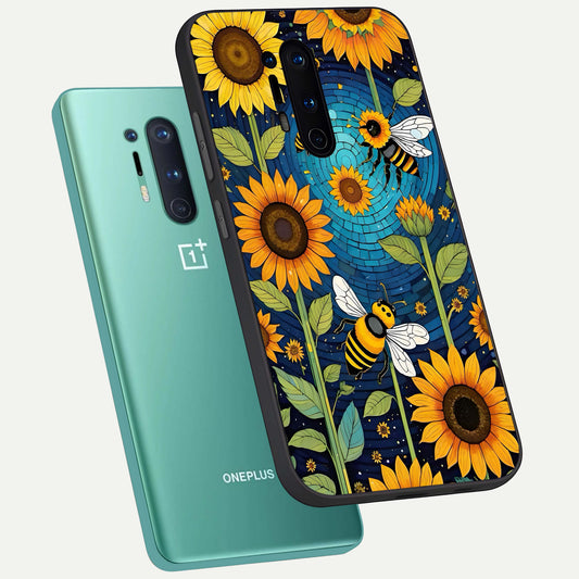  Bees And Sunflowers phone case For OnePlus 8 Pro showing premium glass back cover with detailed artwork
