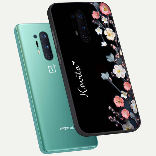  Black Elegance Floral Custom Name phone case For OnePlus 8 Pro showing premium glass back cover with detailed artwork