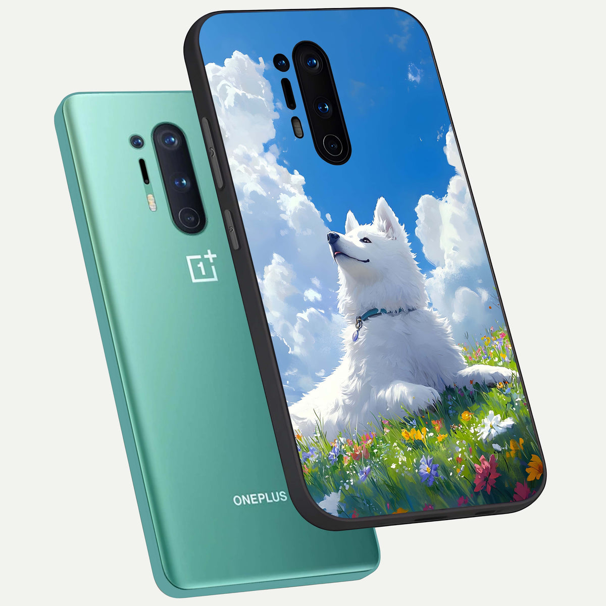  Blissful Cloud Pup phone case For OnePlus 8 Pro showing premium glass back cover with detailed artwork