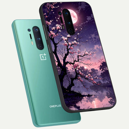  Blossom Pink Moon phone case For OnePlus 8 Pro showing premium glass back cover with detailed artwork