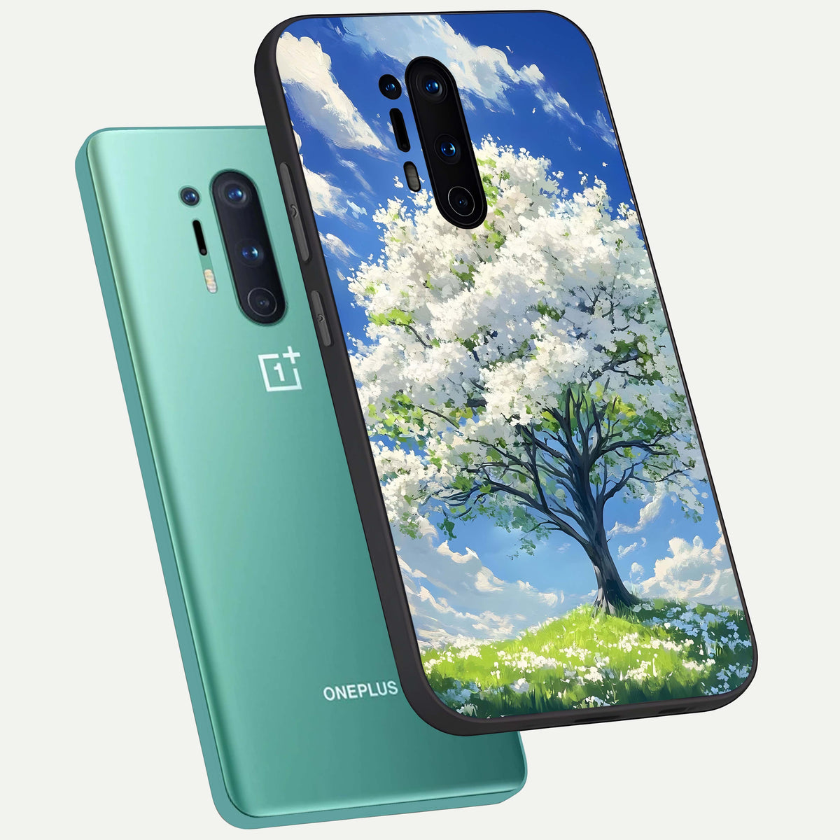 Blossom Sky Serenity phone case For OnePlus 8 Pro showing premium glass back cover with detailed artwork