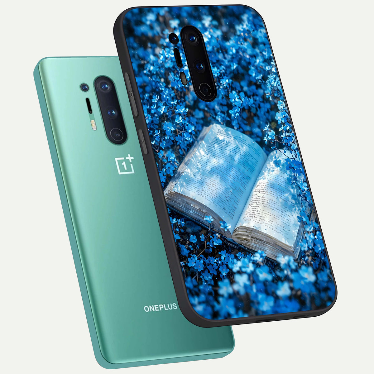  Blue Bloom Tales phone case For OnePlus 8 Pro showing premium glass back cover with detailed artwork