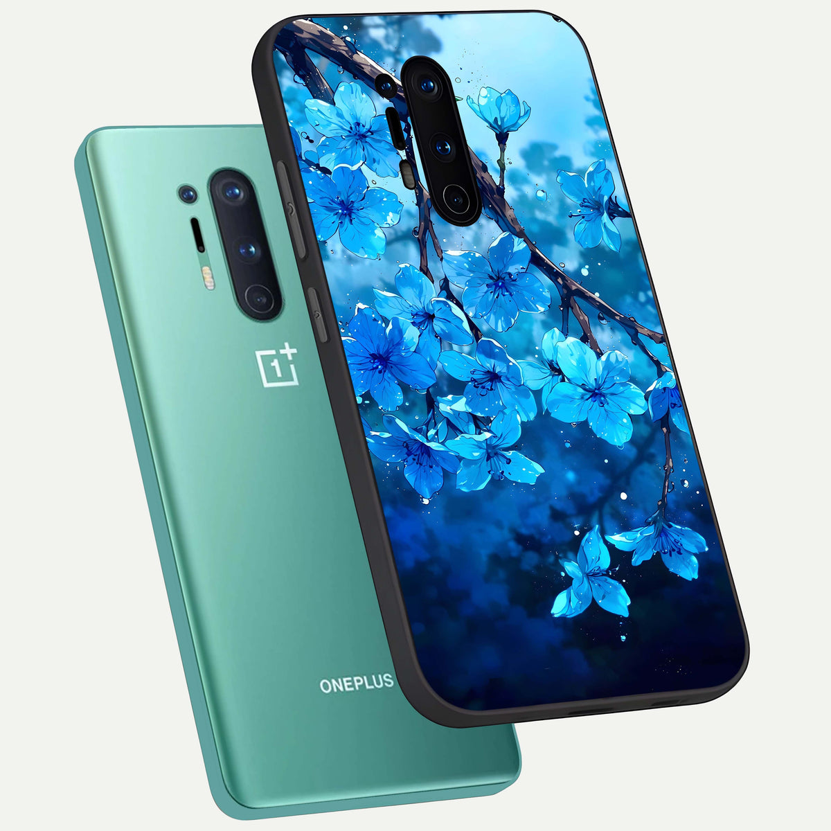  Blue Blossoms Branch phone case For OnePlus 8 Pro showing premium glass back cover with detailed artwork