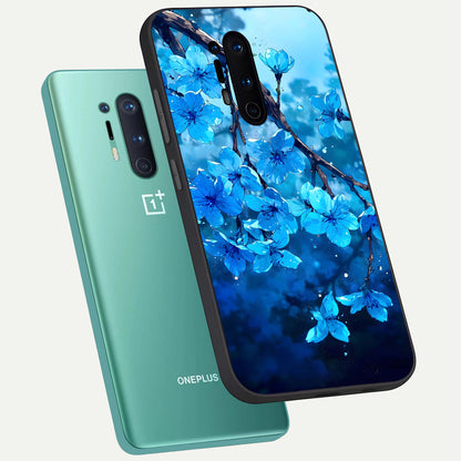  Blue Blossoms Branch phone case For OnePlus 8 Pro showing premium glass back cover with detailed artwork