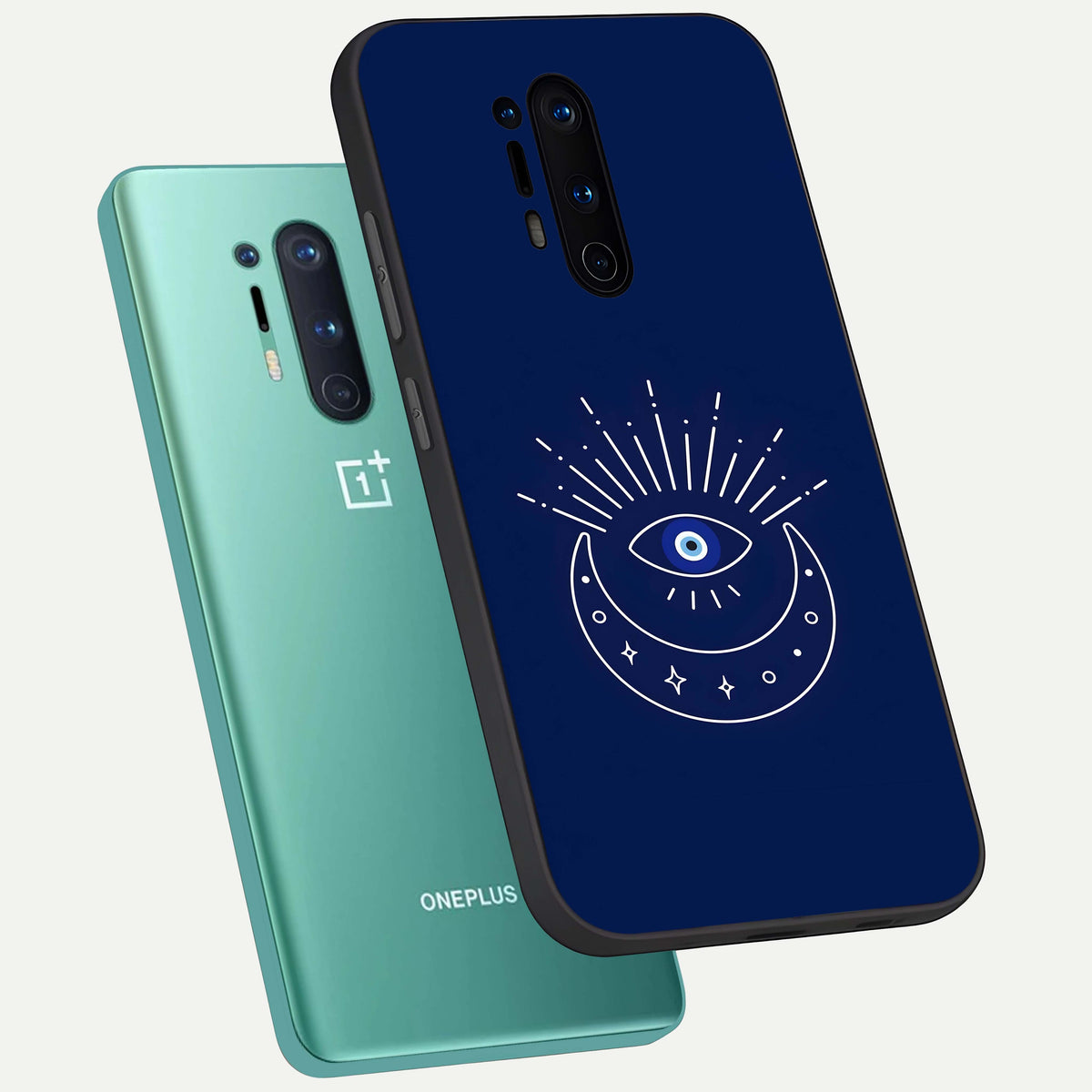  Blue Evil Eye phone case For OnePlus 8 Pro showing premium glass back cover with detailed artwork