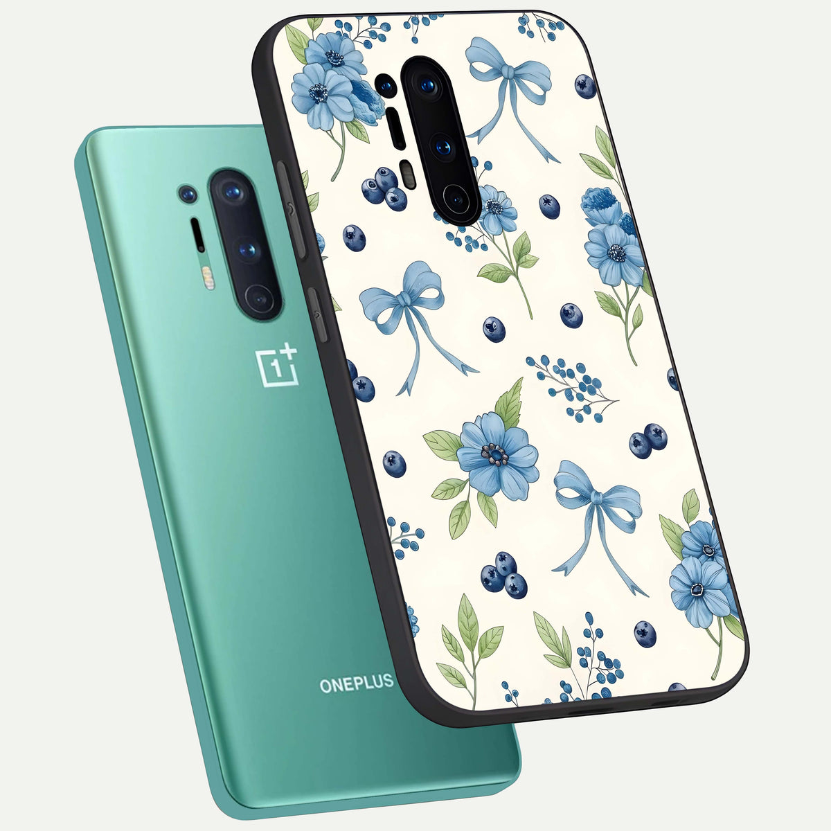  Blue Flower And Bow phone case For OnePlus 8 Pro showing premium glass back cover with detailed artwork