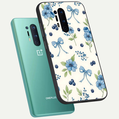  Blue Flower And Bow phone case For OnePlus 8 Pro showing premium glass back cover with detailed artwork