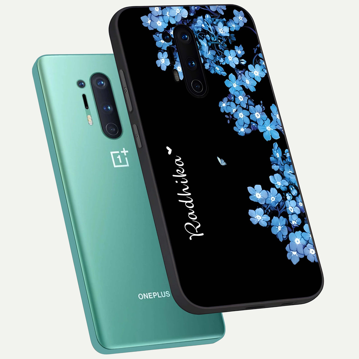 Blue Petal Dream Custom Name phone case For OnePlus 8 Pro showing premium glass back cover with detailed artwork