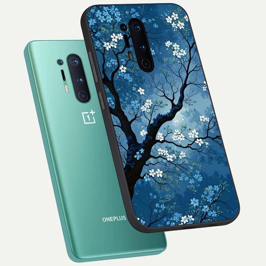  Blue Tree Serenity phone case For OnePlus 8 Pro showing premium glass back cover with detailed artwork
