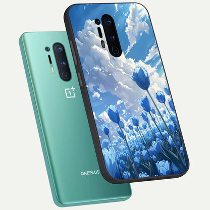  Blue Tulip Clouds phone case For OnePlus 8 Pro showing premium glass back cover with detailed artwork