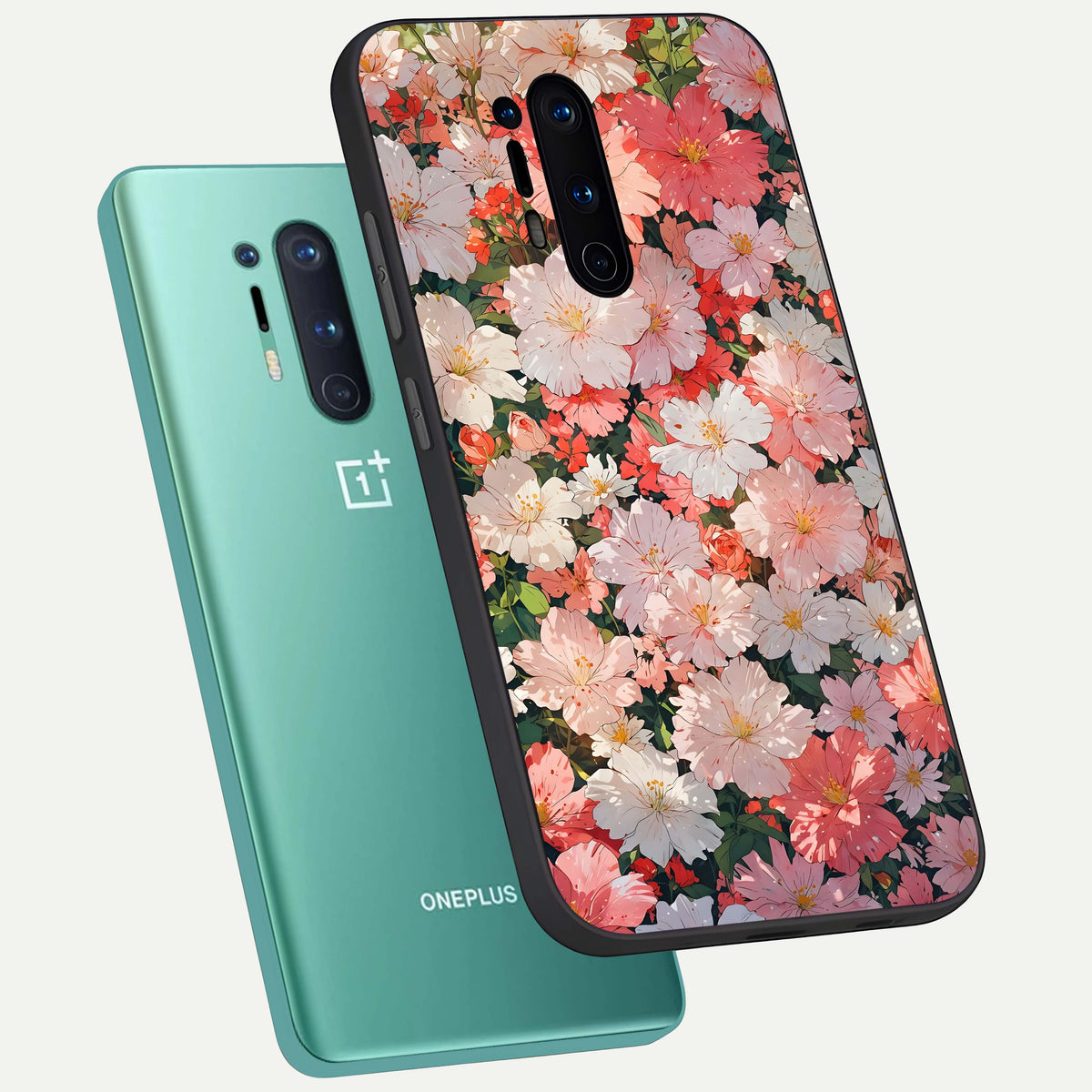  Blush Bloom Field phone case For OnePlus 8 Pro showing premium glass back cover with detailed artwork