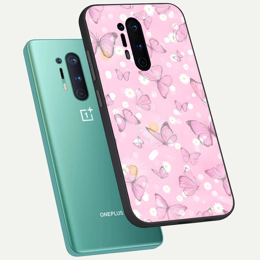  Blush Butterfly Garden phone case For OnePlus 8 Pro showing premium glass back cover with detailed artwork