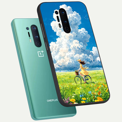  Breezy Meadow Ride phone case For OnePlus 8 Pro showing premium glass back cover with detailed artwork
