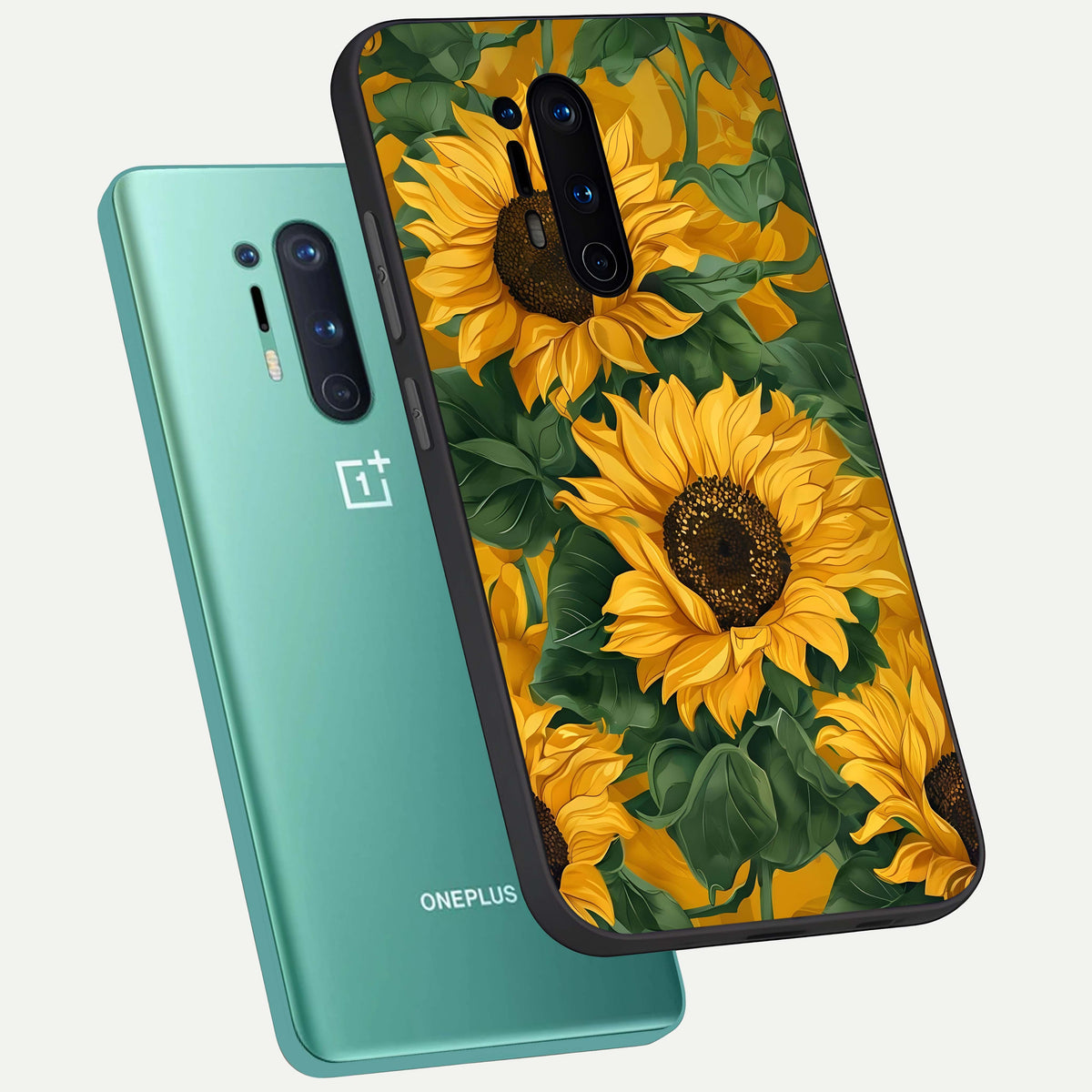  Bright Sunflower Bloom phone case For OnePlus 8 Pro showing premium glass back cover with detailed artwork