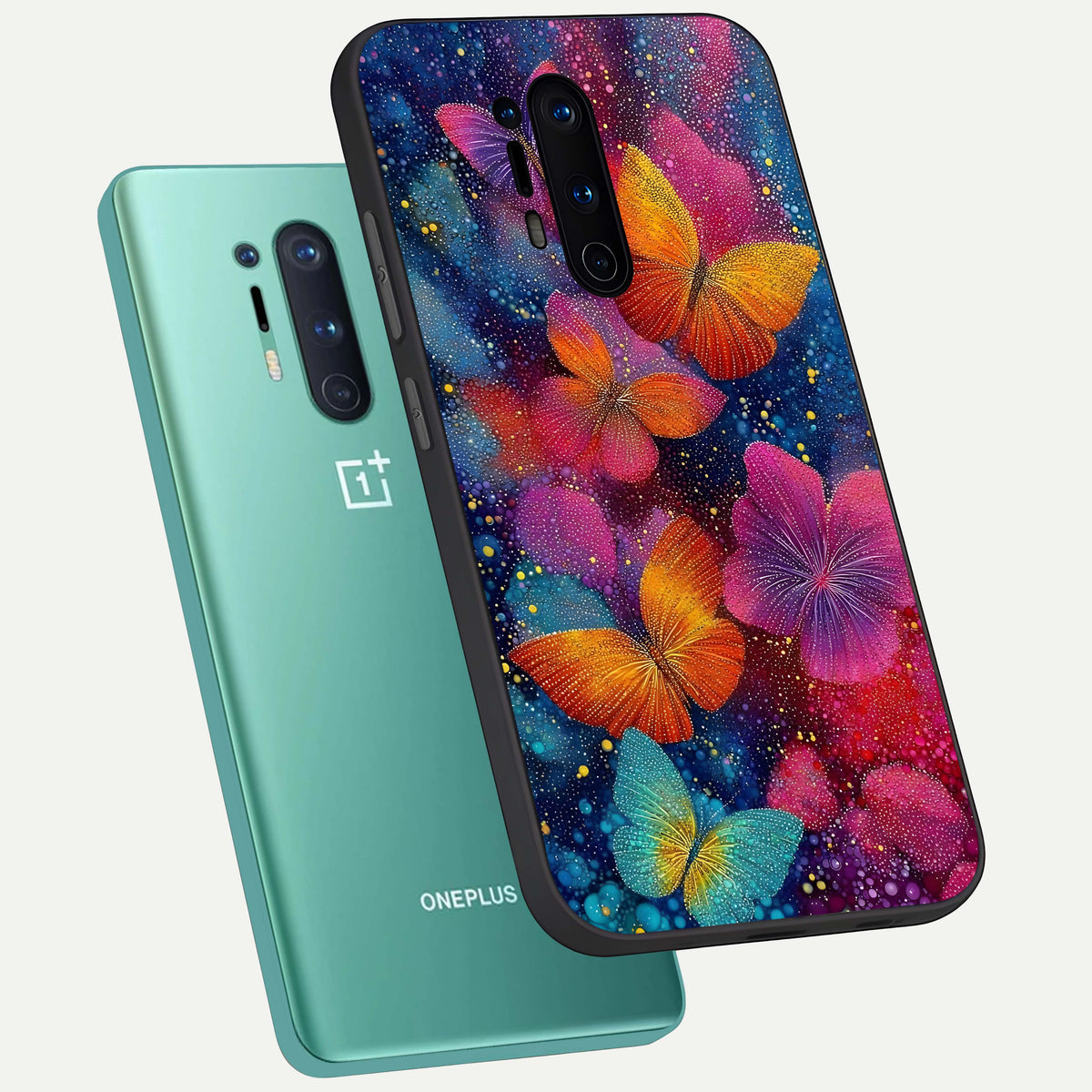  Butterfly Dream Mist phone case For OnePlus 8 Pro showing premium glass back cover with detailed artwork