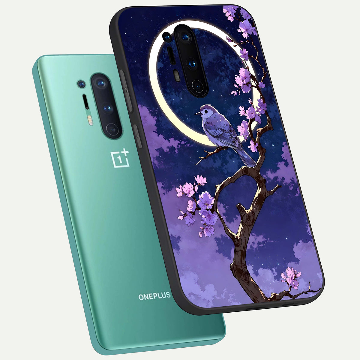  Celestial Bird Blossom phone case For OnePlus 8 Pro showing premium glass back cover with detailed artwork