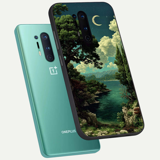  Celestial Lake Peace phone case For OnePlus 8 Pro showing premium glass back cover with detailed artwork
