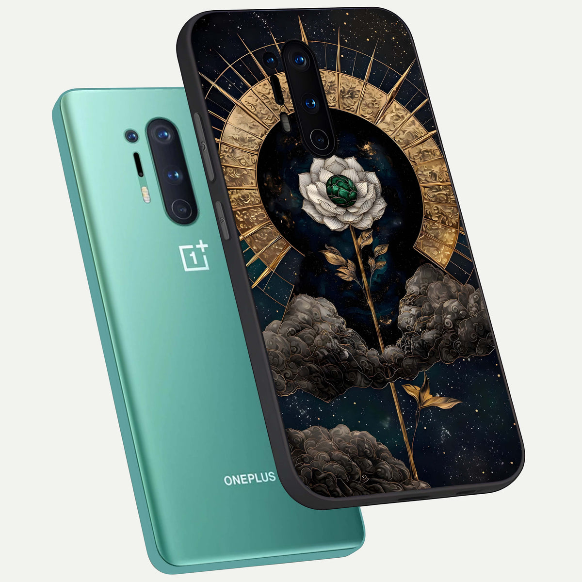  Celestial Lotus Morang phone case For OnePlus 8 Pro showing premium glass back cover with detailed artwork