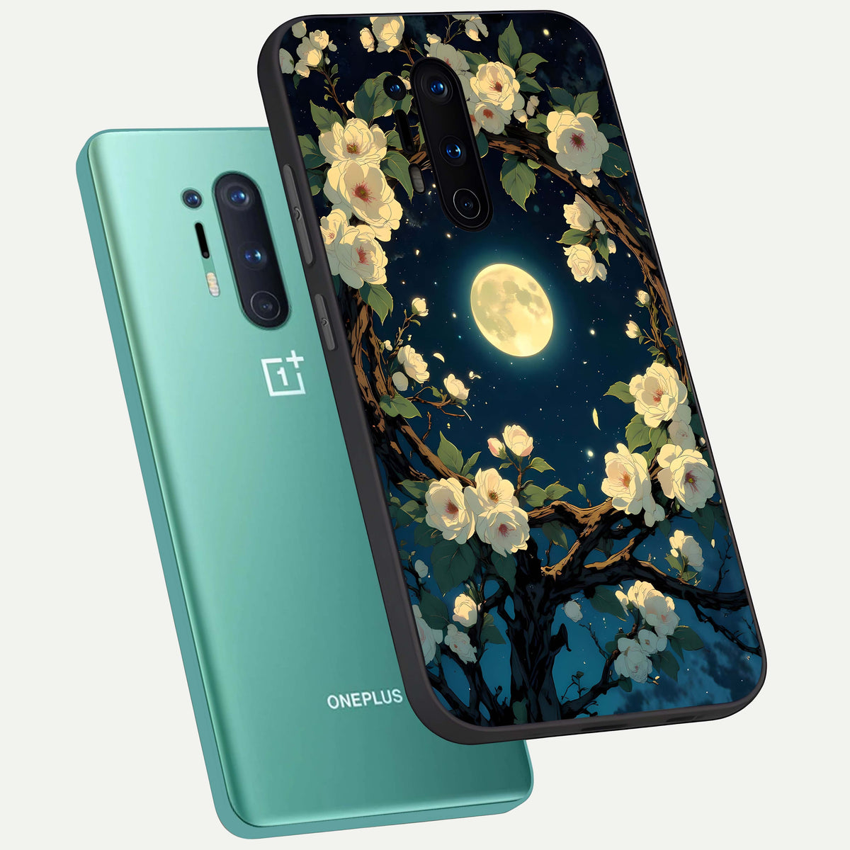  Celestial Moon And Flower phone case For OnePlus 8 Pro showing premium glass back cover with detailed artwork