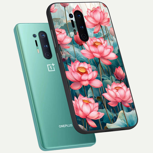  Celestial Pink Lotus phone case For OnePlus 8 Pro showing premium glass back cover with detailed artwork