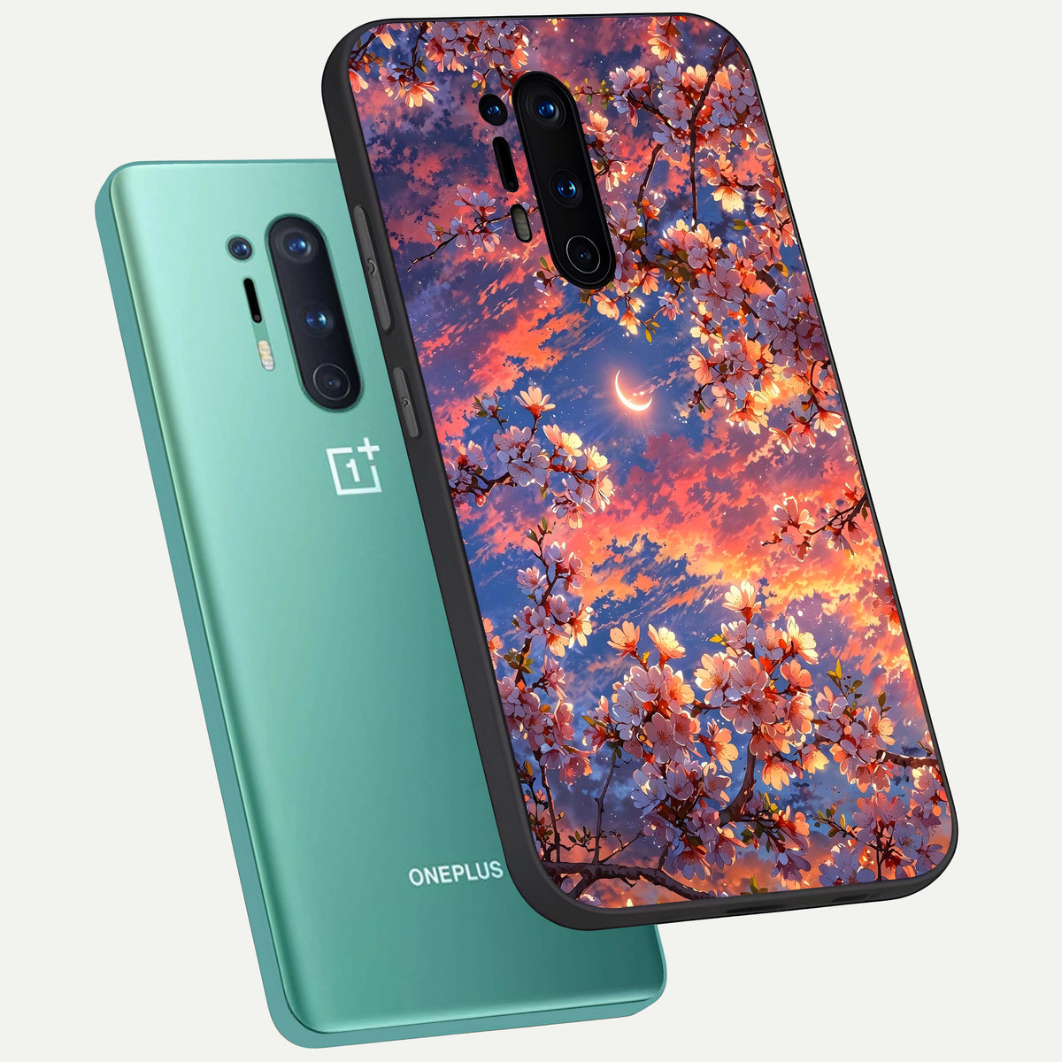  Celestial Sakura Sunset phone case For OnePlus 8 Pro showing premium glass back cover with detailed artwork