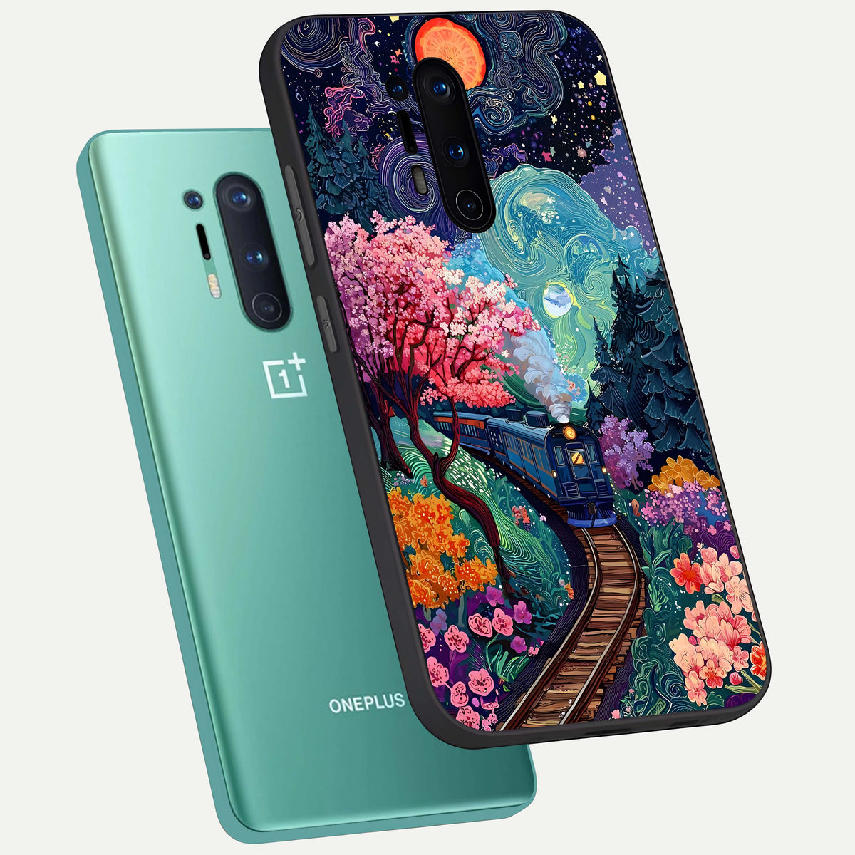  Celestial Train Journey phone case For OnePlus 8 Pro showing premium glass back cover with detailed artwork