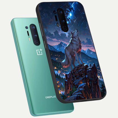  Celestial Wolf Howl phone case For OnePlus 8 Pro showing premium glass back cover with detailed artwork