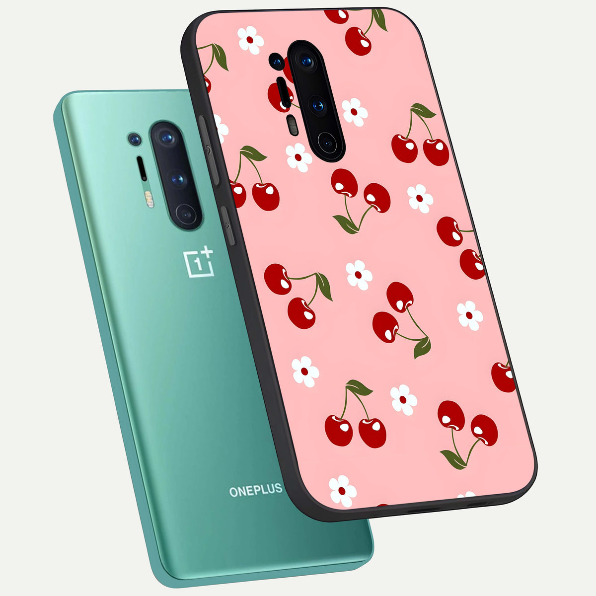  Cherry Love Mood phone case For OnePlus 8 Pro showing premium glass back cover with detailed artwork
