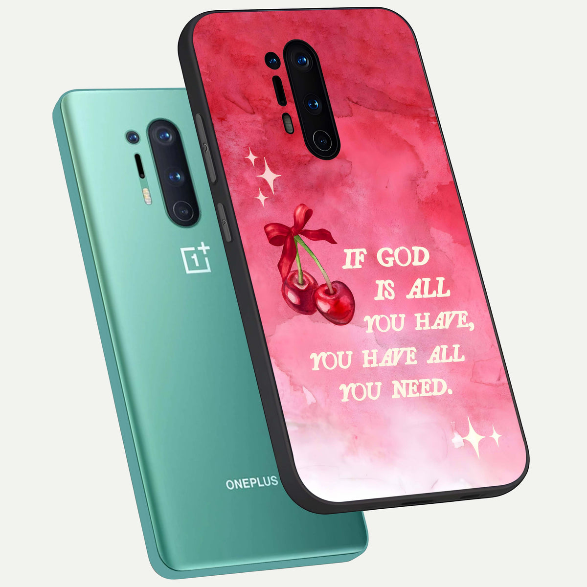  Cherry Quote phone case For OnePlus 8 Pro showing premium glass back cover with detailed artwork