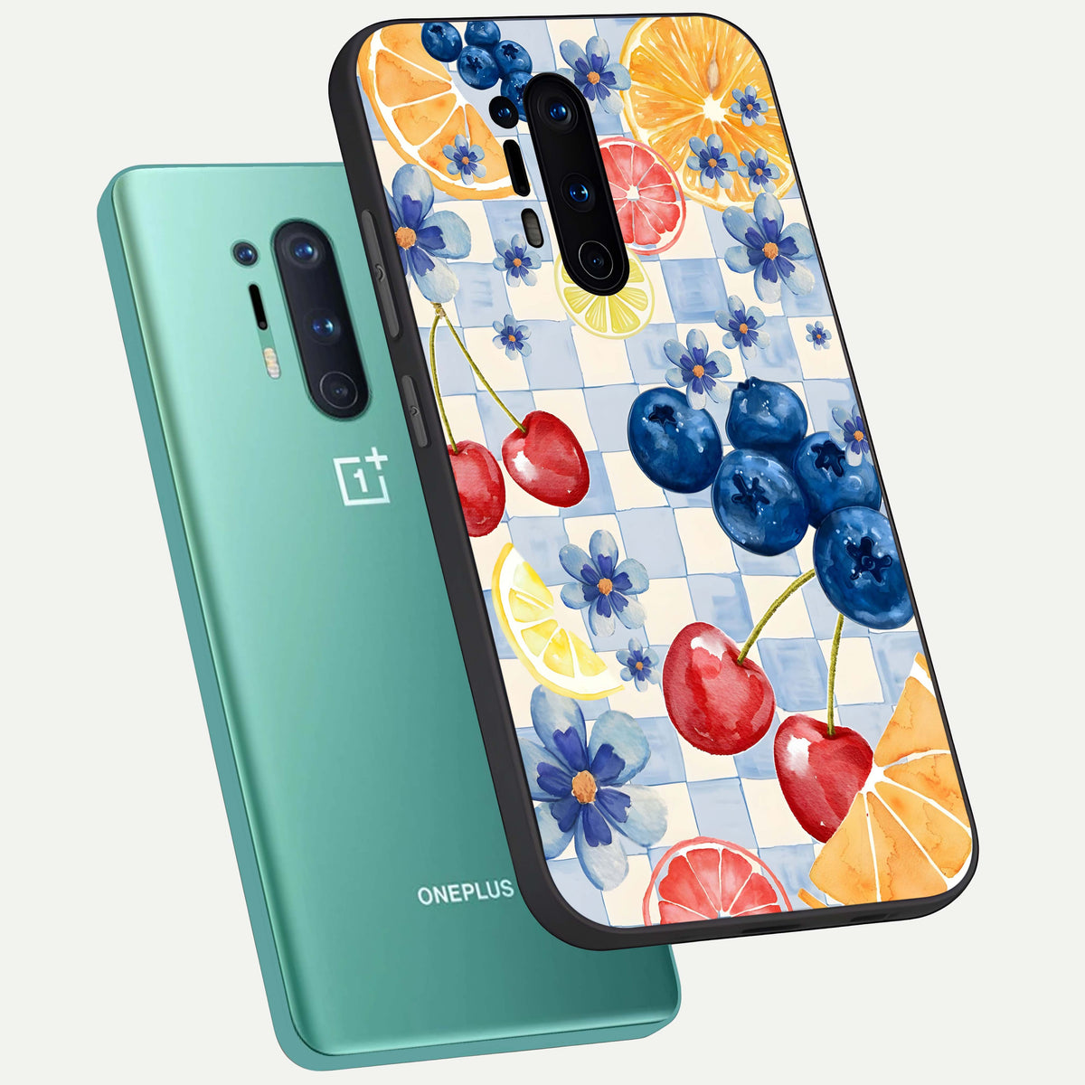  Citrus Bloom Joy phone case For OnePlus 8 Pro showing premium glass back cover with detailed artwork