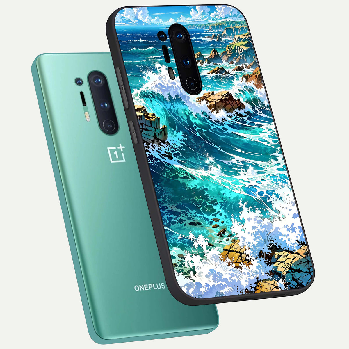 Coastal Blue Waves phone case For OnePlus 8 Pro showing premium glass back cover with detailed artwork
