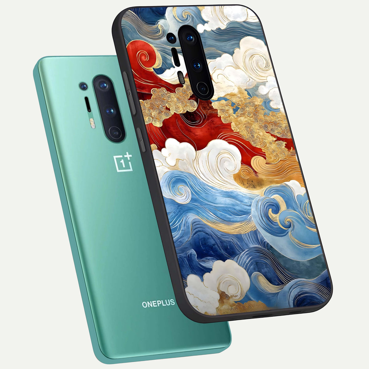  Colored Waves phone case For OnePlus 8 Pro showing premium glass back cover with detailed artwork
