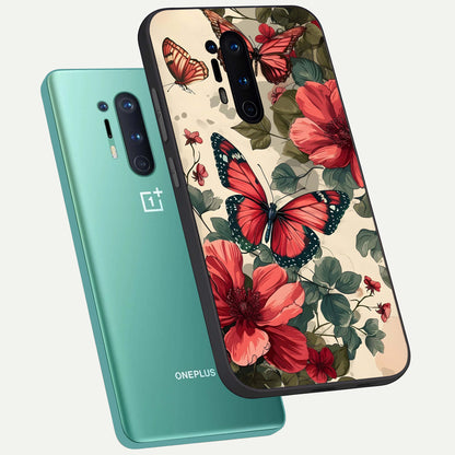  Crimson Butterfly Garden phone case For OnePlus 8 Pro showing premium glass back cover with detailed artwork