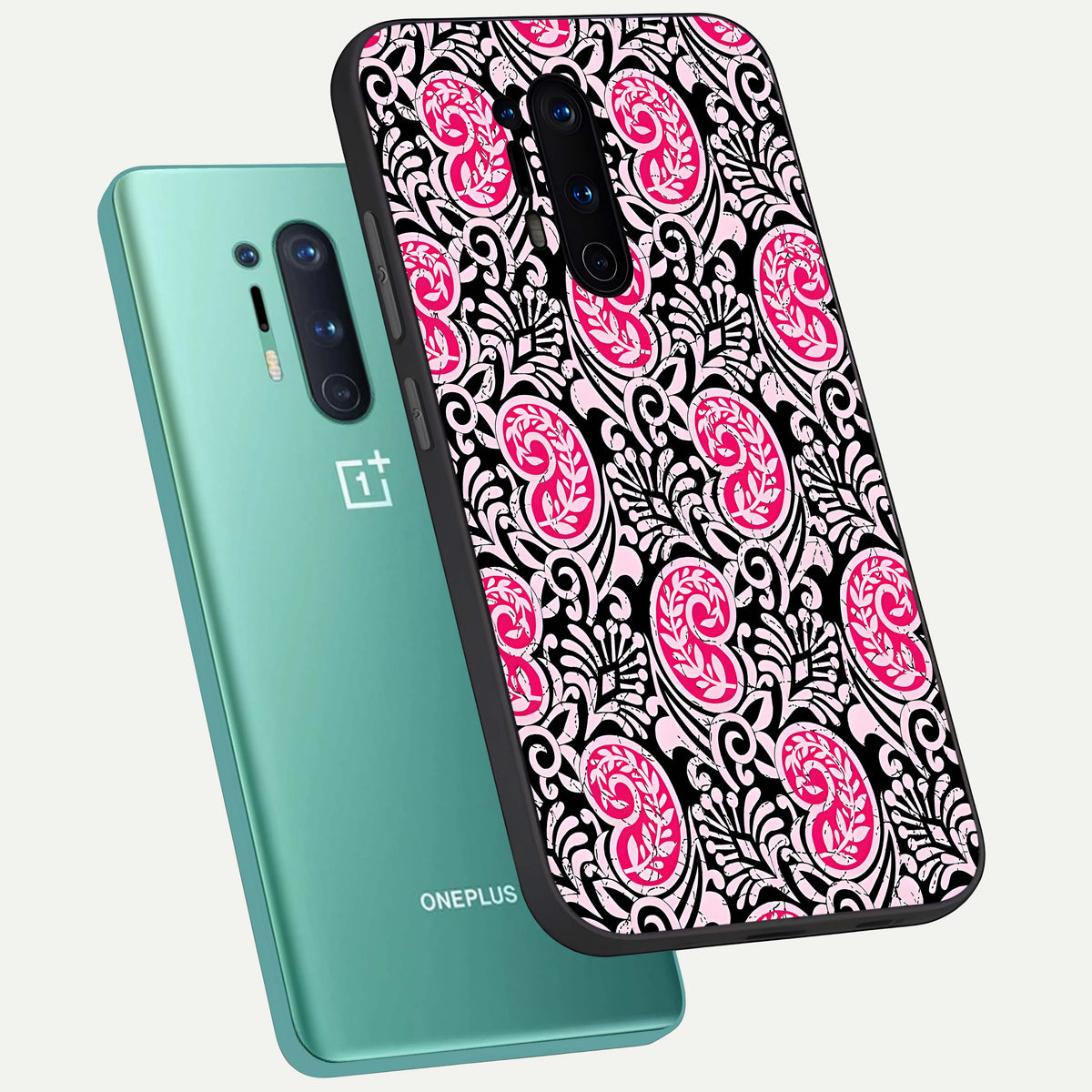  Crimson Paisley Charm phone case For OnePlus 8 Pro showing premium glass back cover with detailed artwork