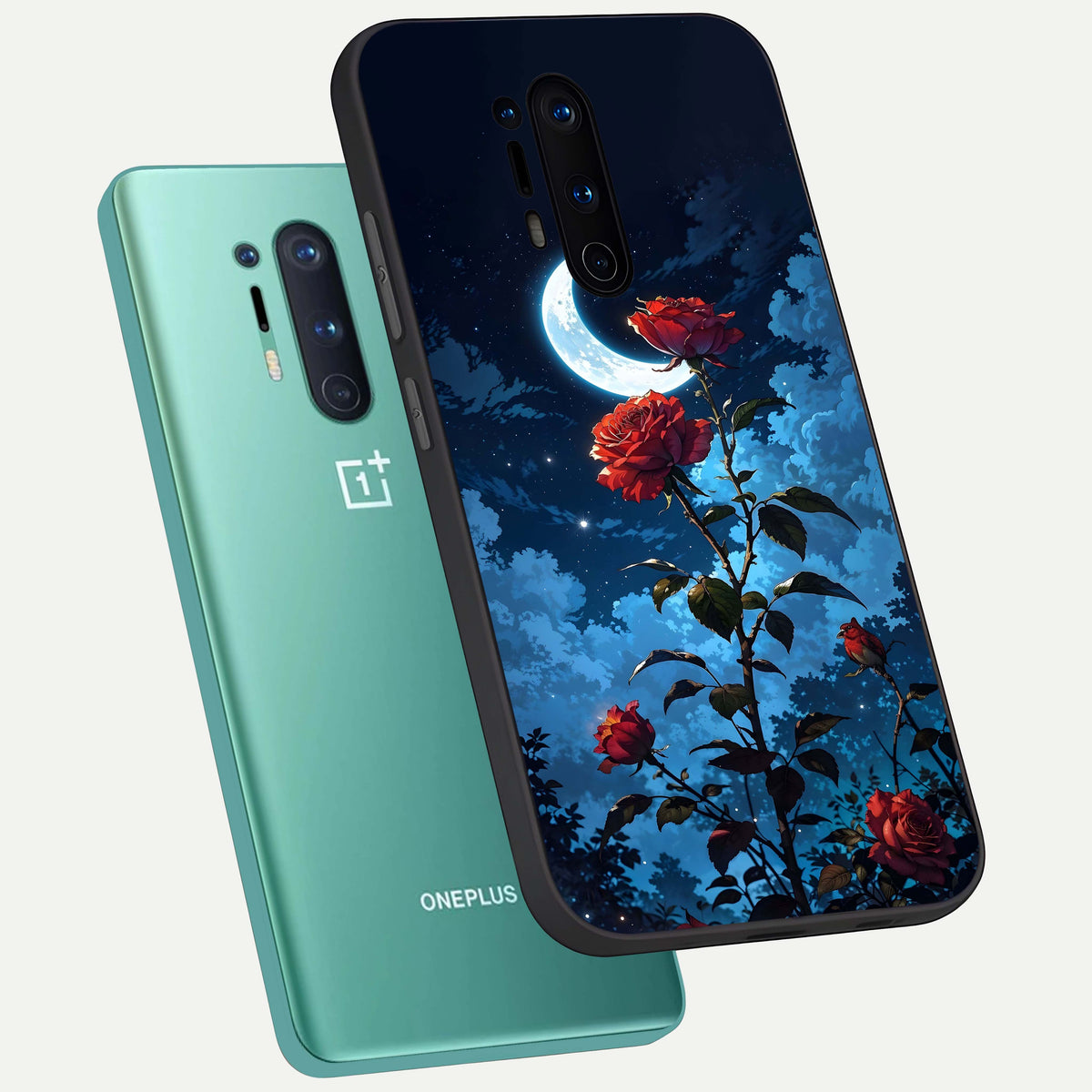  Crimson Rose Moon phone case For OnePlus 8 Pro showing premium glass back cover with detailed artwork